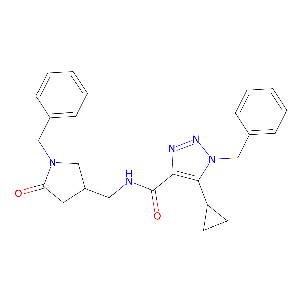 1-benzyl-N-[(1-benzyl-5-oxopyrrolidin-3-yl)methyl]-5-cyclopropyl-1H-1,2,3-triazole-4-carboxamide molecular structure, CAS 2770605-10-0