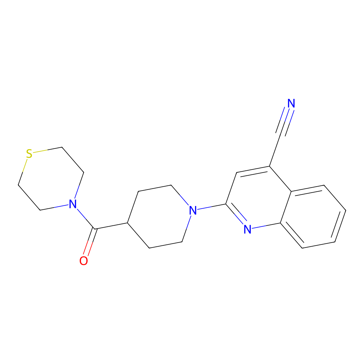 2-[4-(Thiomorpholine-4-carbonyl)piperidin-1-yl]quinoline-4-carbonitrile molecular structure, CAS 2770605-21-3