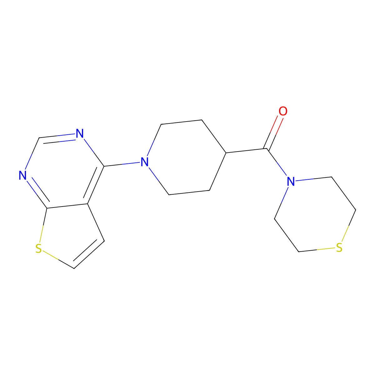 4-(1-{Thieno[2,3-d]pyrimidin-4-yl}piperidine-4-carbonyl)thiomorpholine molecular structure, CAS 2770605-27-9