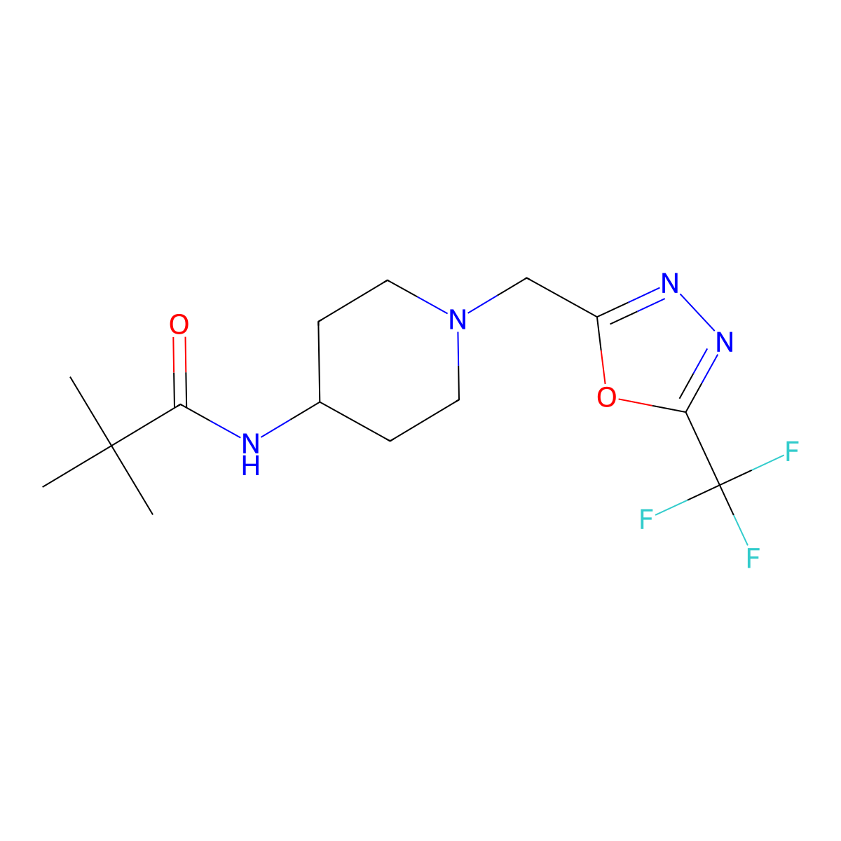 2,2-dimethyl-N-(1-{[5-(trifluoromethyl)-1,3,4-oxadiazol-2-yl]methyl}piperidin-4-yl)propanamide molecular structure, CAS 2770605-29-1