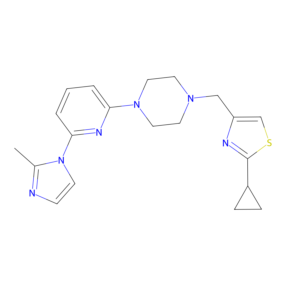 1-[(2-cyclopropyl-1,3-thiazol-4-yl)methyl]-4-[6-(2-methyl-1H-imidazol-1-yl)pyridin-2-yl]piperazine molecular structure, CAS 2770605-32-6
