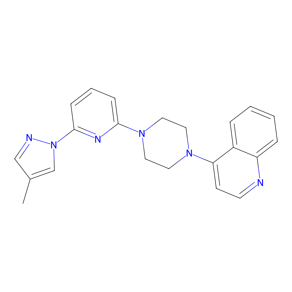 4-{4-[6-(4-methyl-1H-pyrazol-1-yl)pyridin-2-yl]piperazin-1-yl}quinoline molecular structure, CAS 2770605-36-0