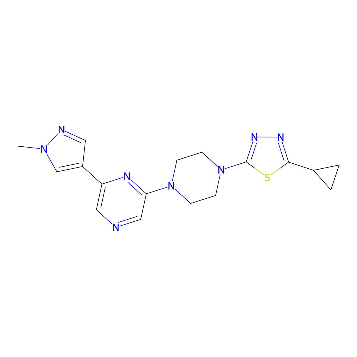 2-[4-(5-cyclopropyl-1,3,4-thiadiazol-2-yl)piperazin-1-yl]-6-(1-methyl-1H-pyrazol-4-yl)pyrazine molecular structure, CAS 2770605-37-1