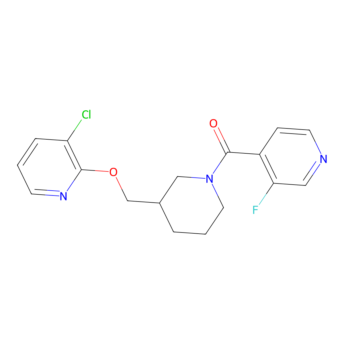 4-(3-{[(3-Chloropyridin-2-yl)oxy]methyl}piperidine-1-carbonyl)-3-fluoropyridine molecular structure, CAS 2770605-44-0