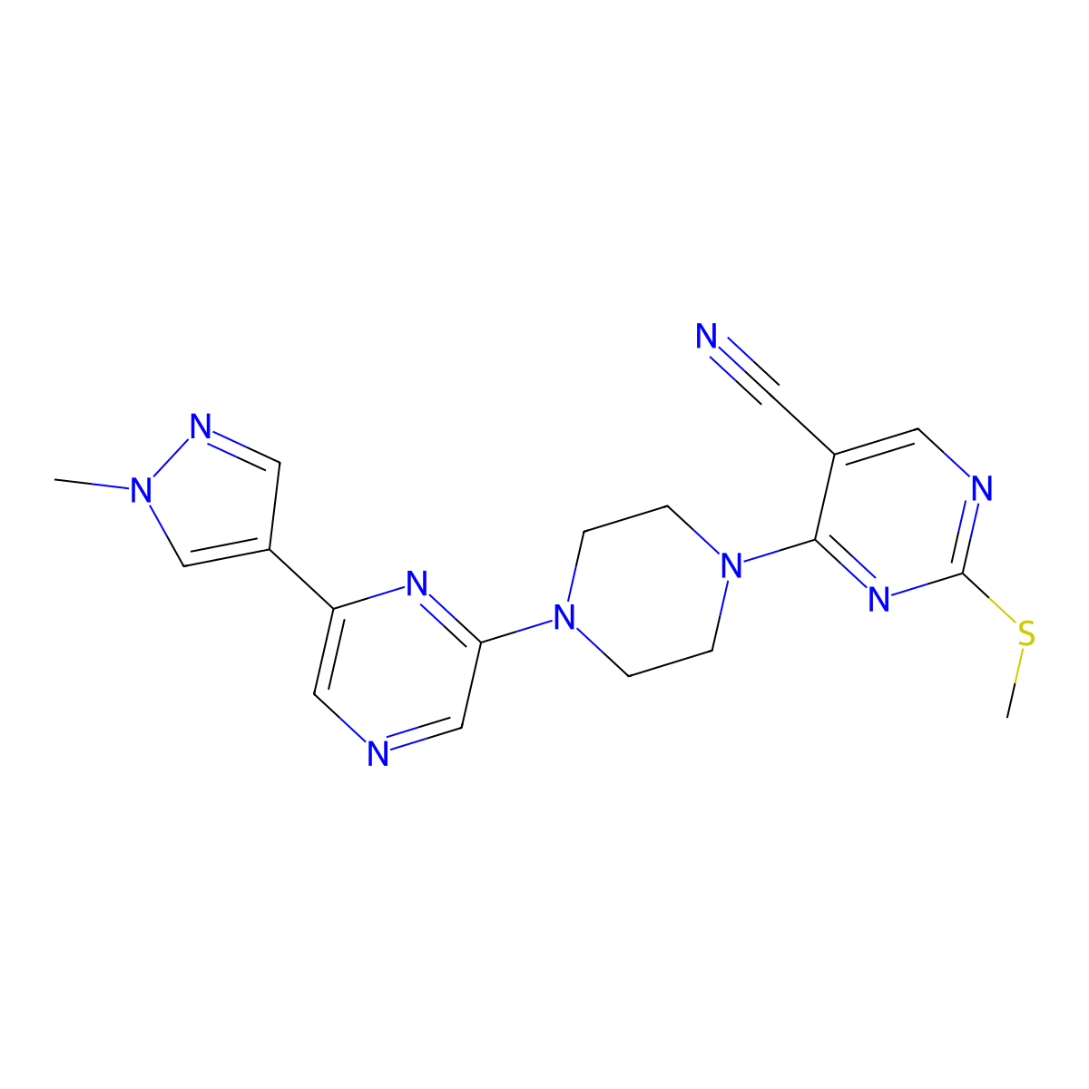 4-{4-[6-(1-methyl-1H-pyrazol-4-yl)pyrazin-2-yl]piperazin-1-yl}-2-(methylsulfanyl)pyrimidine-5-carbonitrile molecular structure, CAS 2770605-45-1