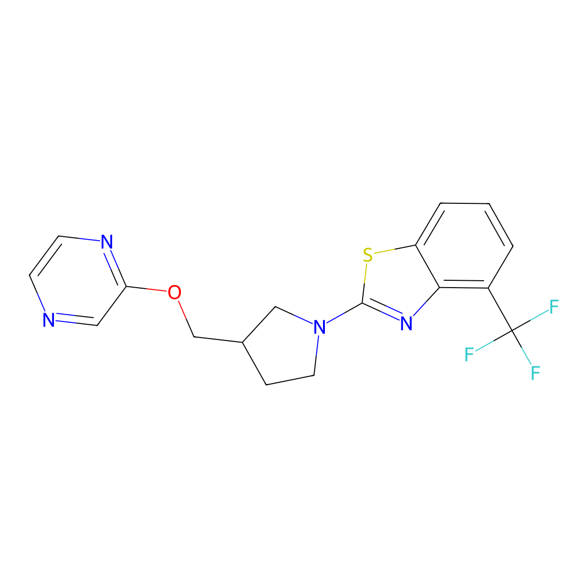 2-{3-[(Pyrazin-2-yloxy)methyl]pyrrolidin-1-yl}-4-(trifluoromethyl)-1,3-benzothiazole molecular structure, CAS 2770605-50-8
