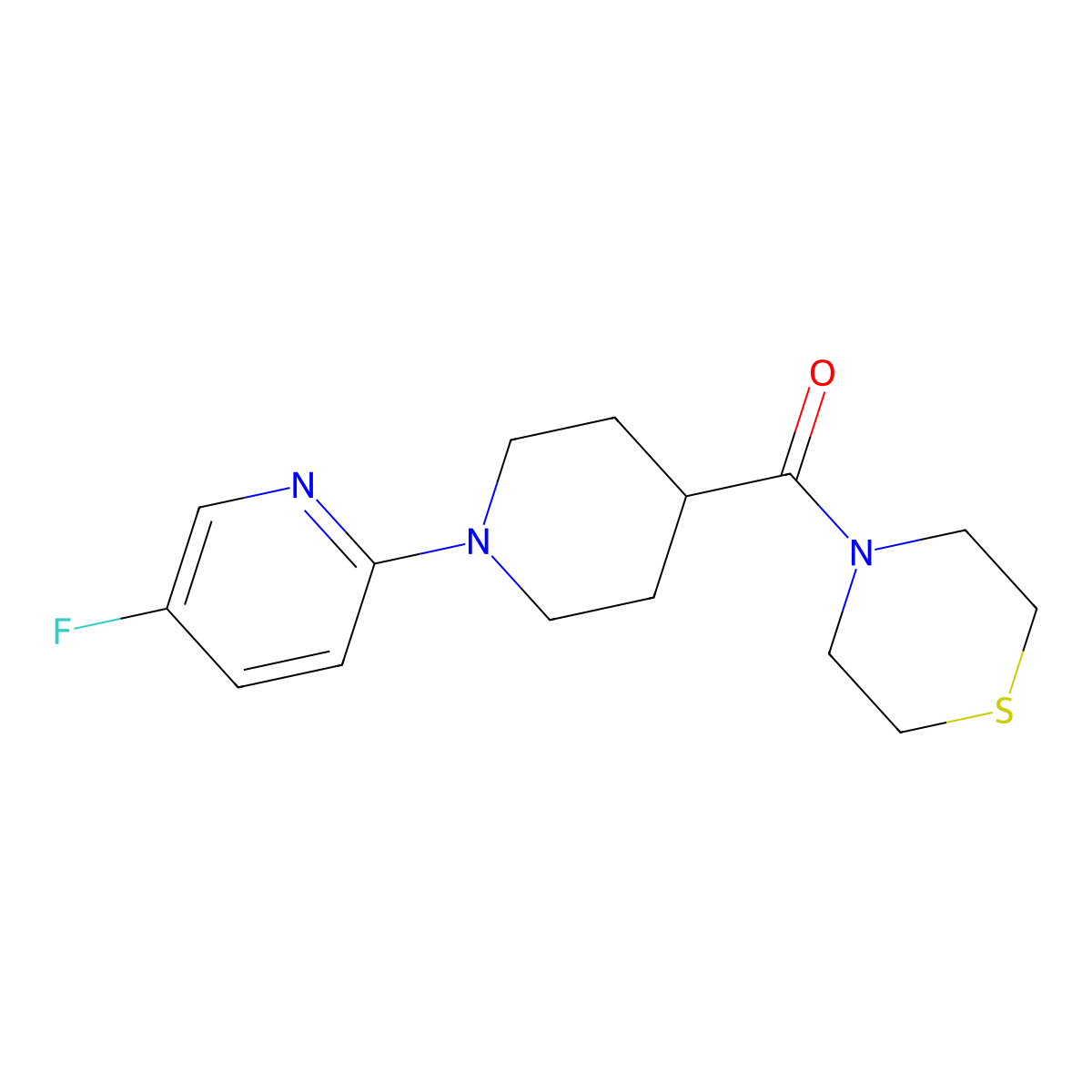 4-[1-(5-Fluoropyridin-2-yl)piperidine-4-carbonyl]thiomorpholine molecular structure, CAS 2770605-51-9