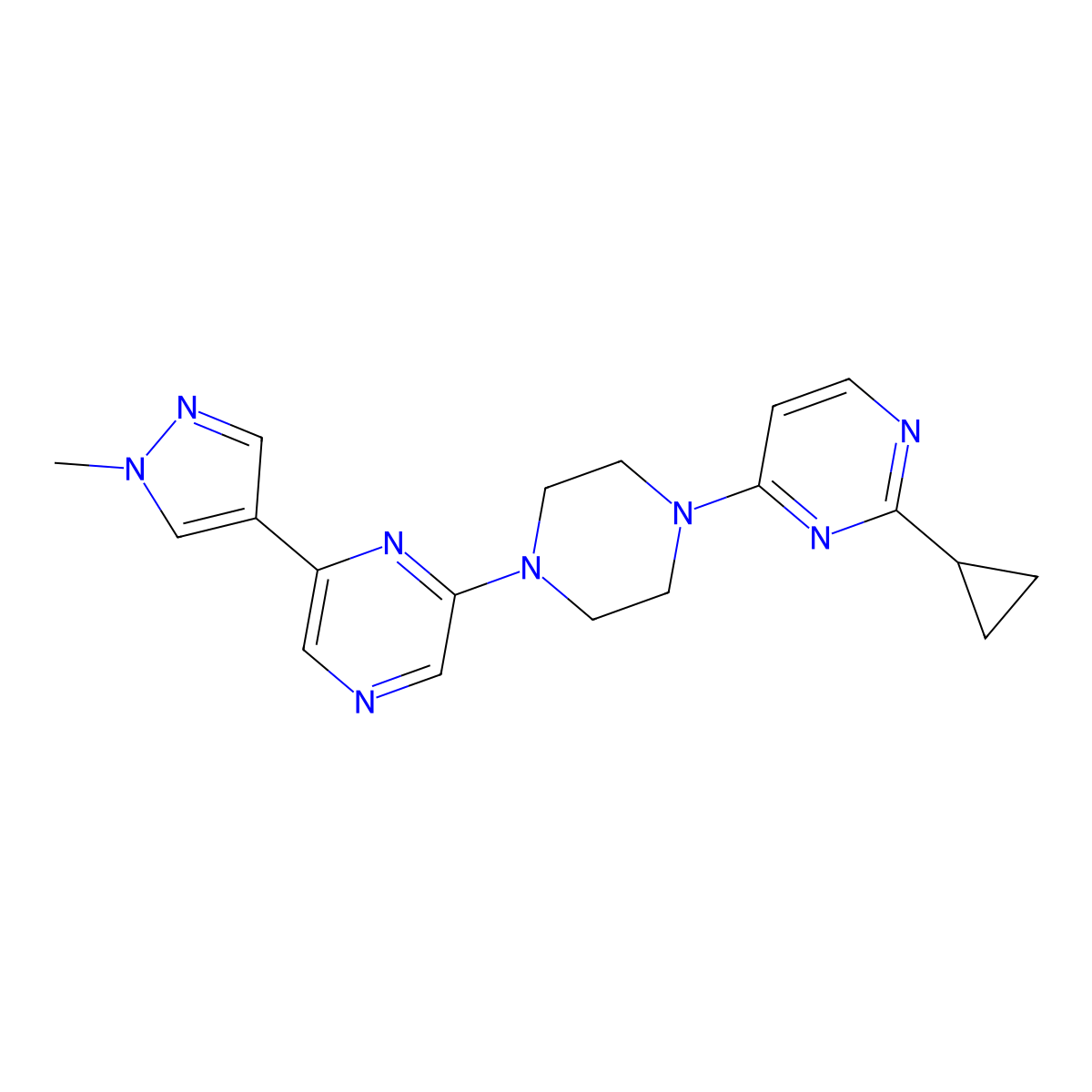 2-cyclopropyl-4-{4-[6-(1-methyl-1H-pyrazol-4-yl)pyrazin-2-yl]piperazin-1-yl}pyrimidine molecular structure, CAS 2770605-54-2