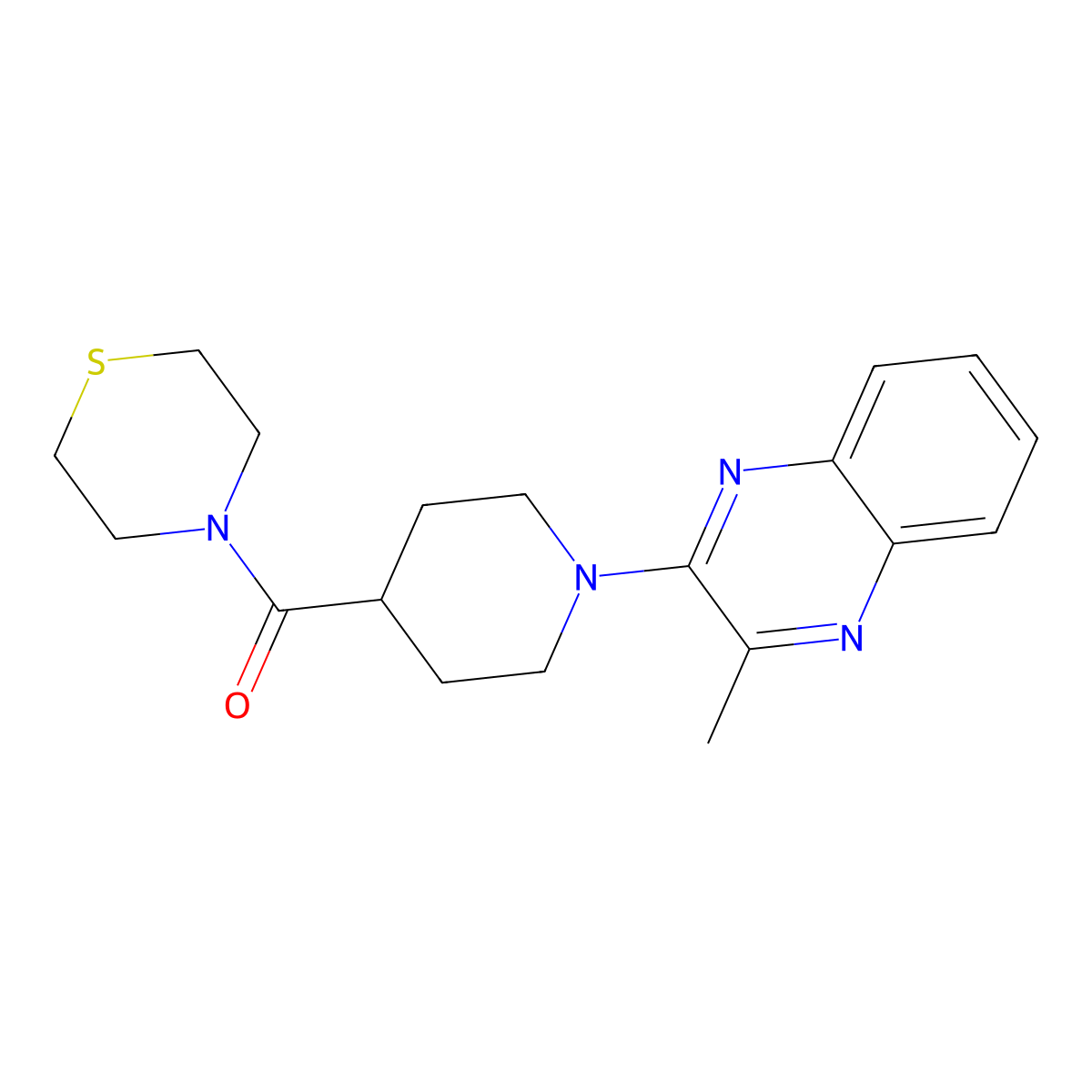 2-Methyl-3-[4-(thiomorpholine-4-carbonyl)piperidin-1-yl]quinoxaline molecular structure, CAS 2770605-55-3
