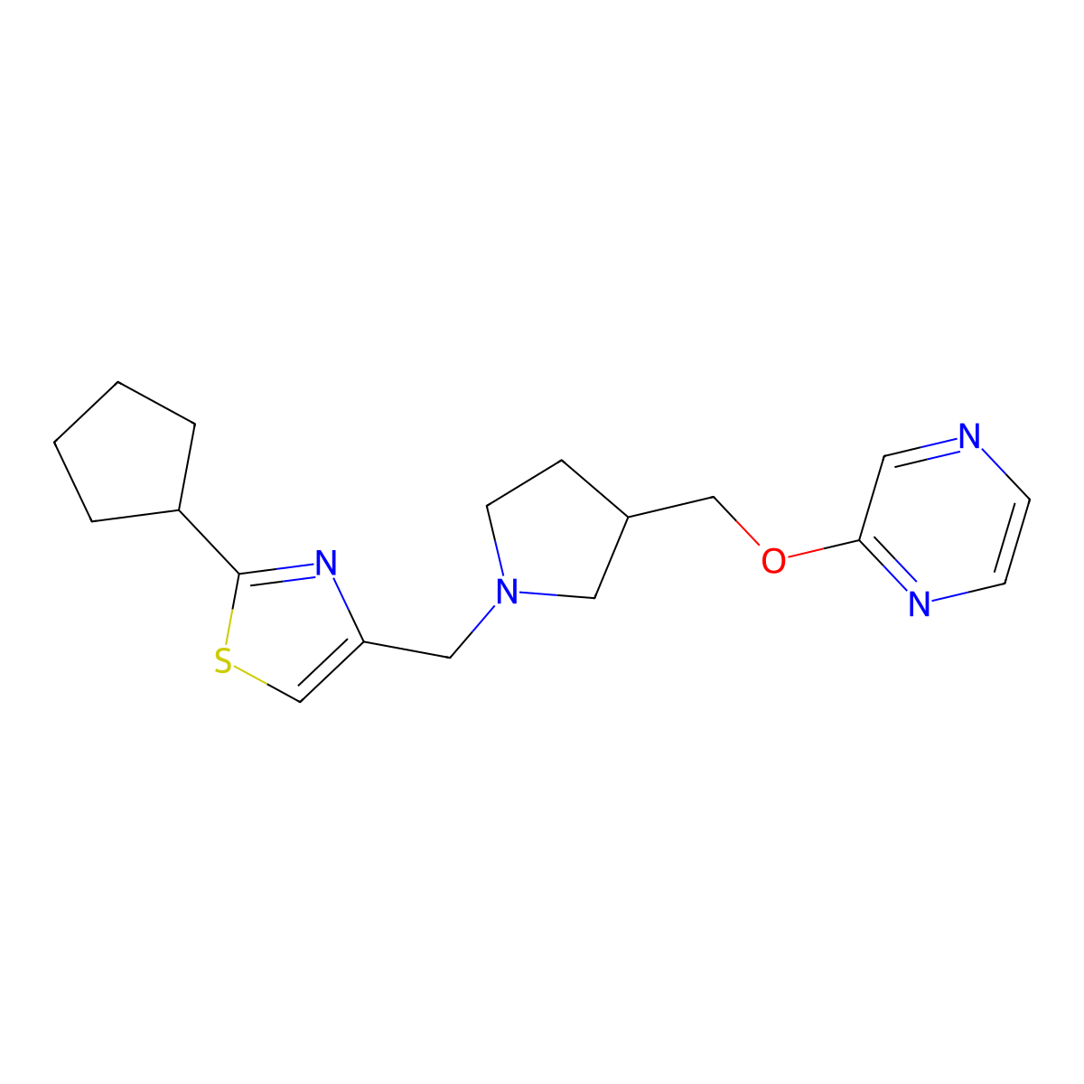 2-({1-[(2-Cyclopentyl-1,3-thiazol-4-yl)methyl]pyrrolidin-3-yl}methoxy)pyrazine molecular structure, CAS 2770605-65-5