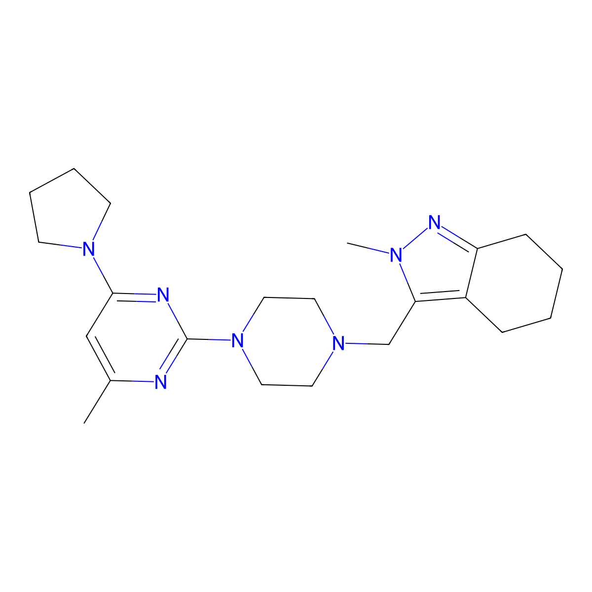 2-methyl-3-({4-[4-methyl-6-(pyrrolidin-1-yl)pyrimidin-2-yl]piperazin-1-yl}methyl)-4,5,6,7-tetrahydro-2H-indazole molecular structure, CAS 2770605-70-2