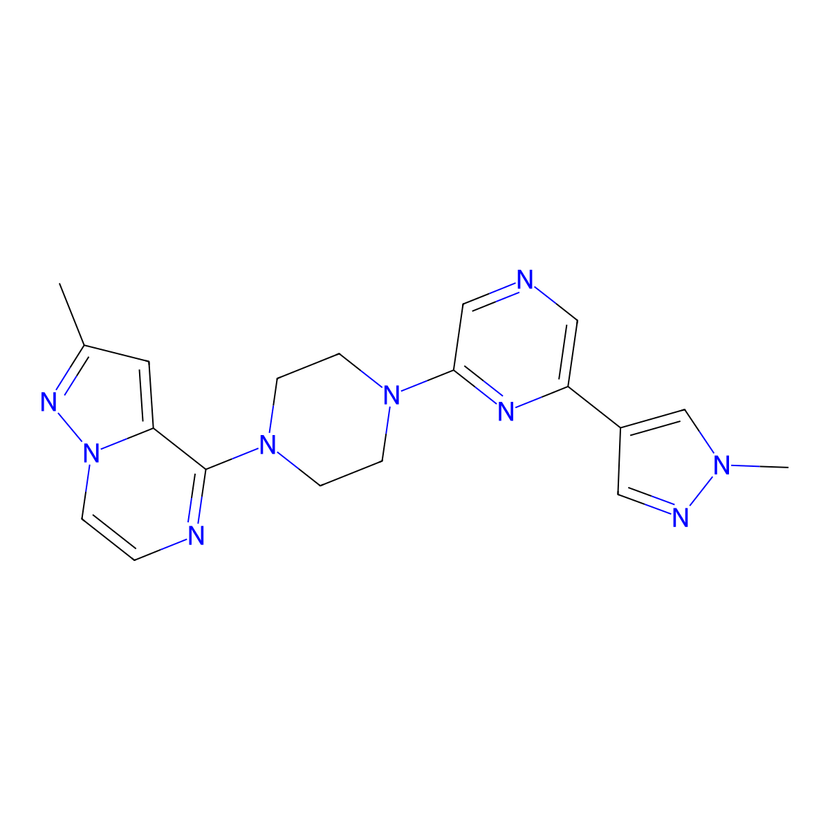 2-(1-methyl-1H-pyrazol-4-yl)-6-(4-{2-methylpyrazolo[1,5-a]pyrazin-4-yl}piperazin-1-yl)pyrazine molecular structure, CAS 2770605-74-6