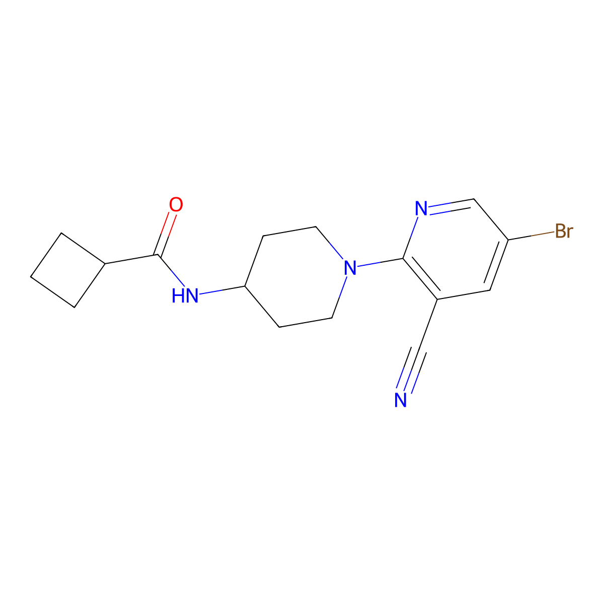 N-[1-(5-bromo-3-cyanopyridin-2-yl)piperidin-4-yl]cyclobutanecarboxamide molecular structure, CAS 2770605-88-2