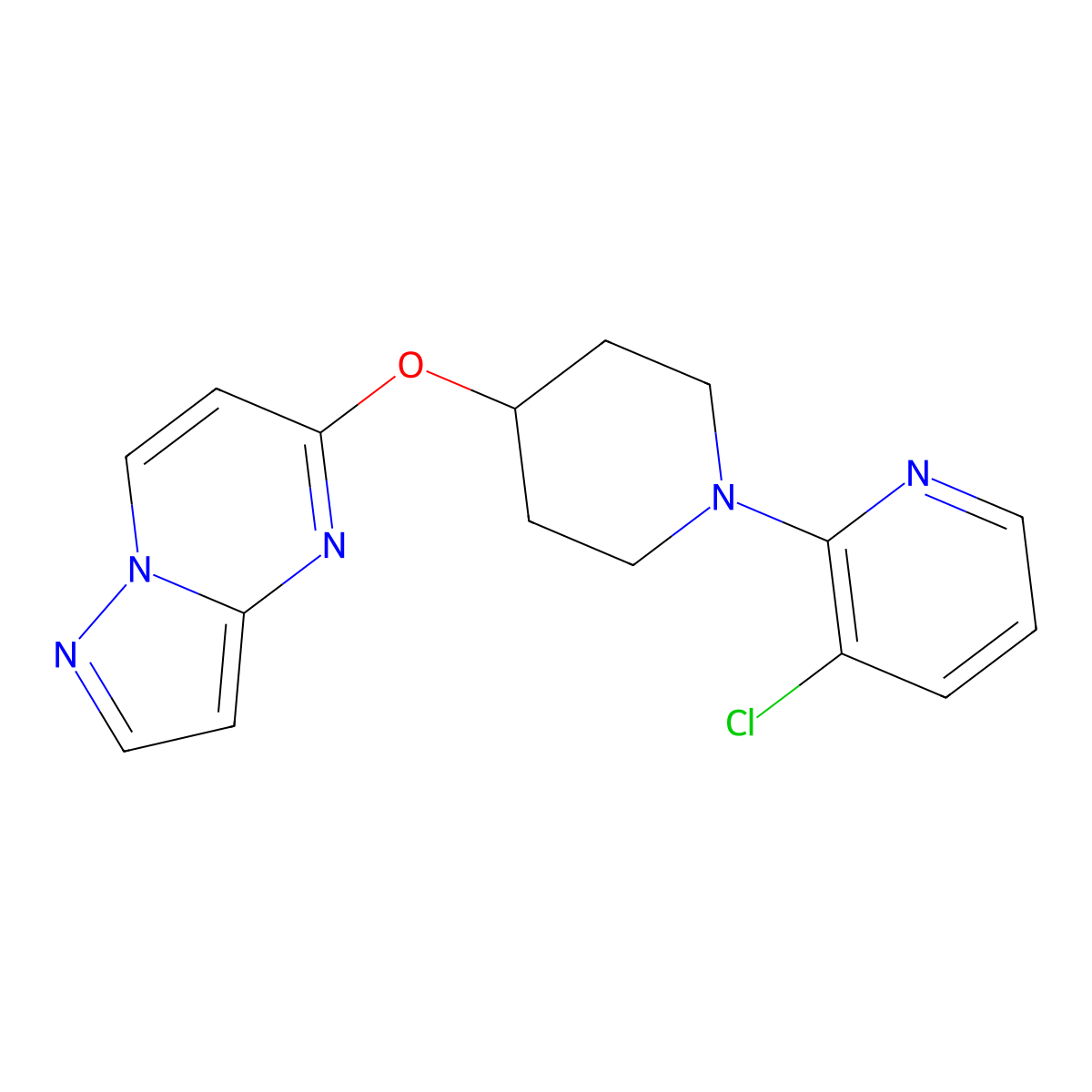 3-Chloro-2-(4-{pyrazolo[1,5-a]pyrimidin-5-yloxy}piperidin-1-yl)pyridine molecular structure, CAS 2770605-90-6