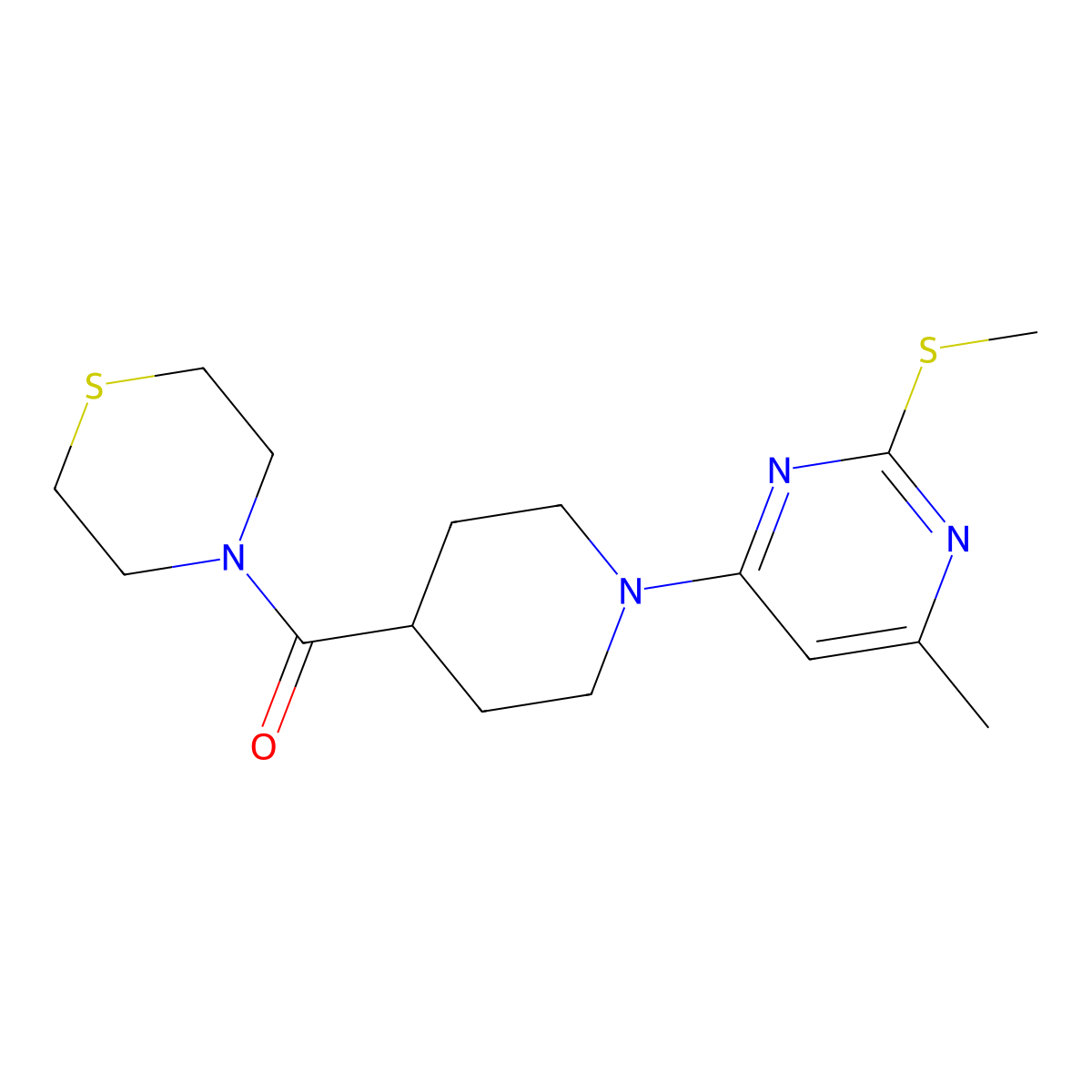 4-{1-[6-Methyl-2-(methylsulfanyl)pyrimidin-4-yl]piperidine-4-carbonyl}thiomorpholine molecular structure, CAS 2770605-95-1
