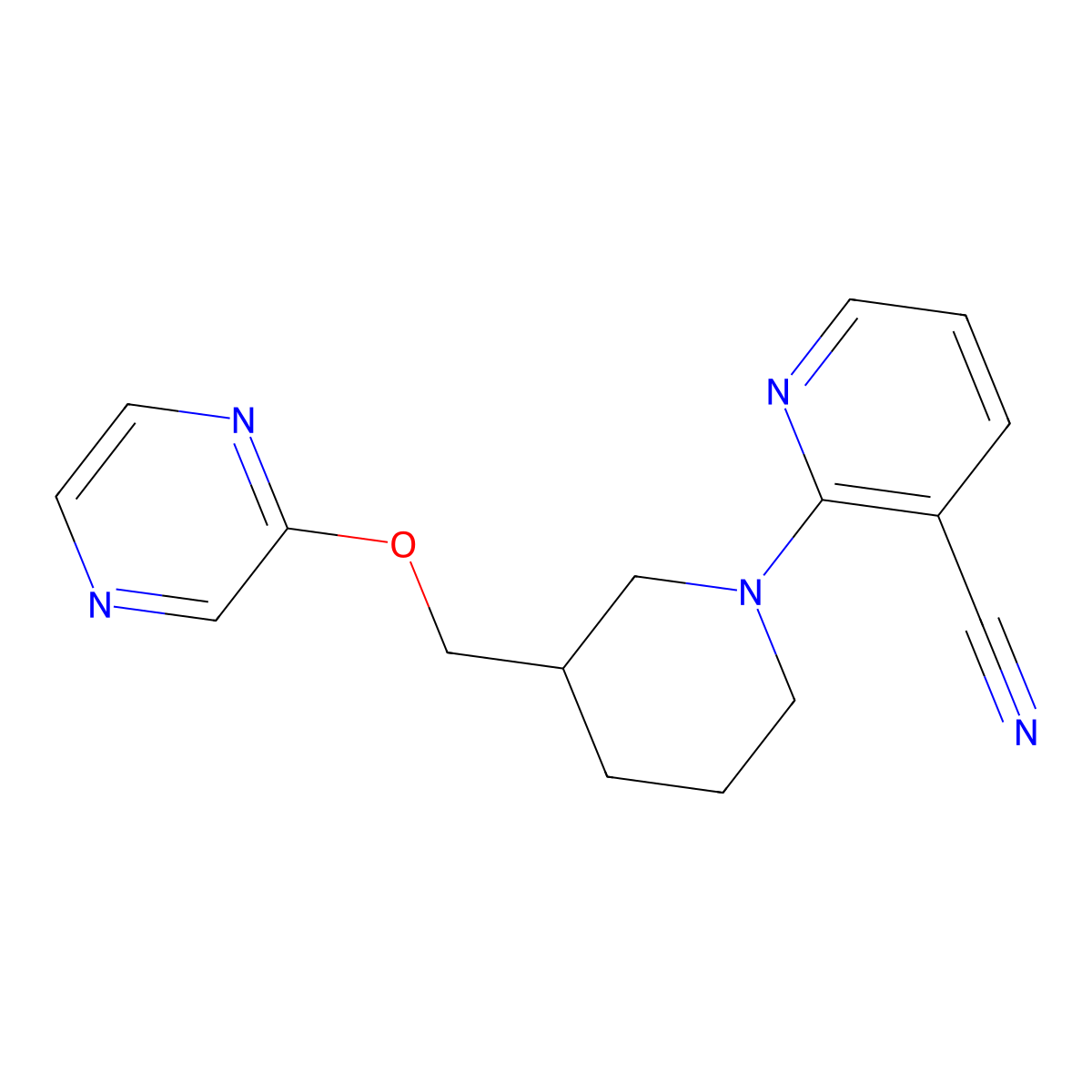 2-{3-[(Pyrazin-2-yloxy)methyl]piperidin-1-yl}pyridine-3-carbonitrile molecular structure, CAS 2770605-98-4