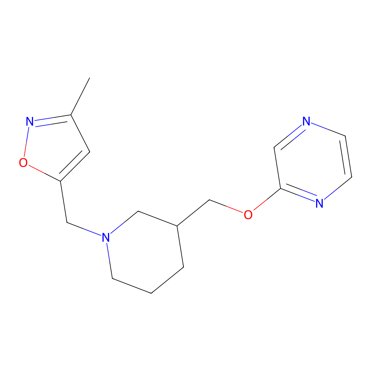 2-({1-[(3-Methyl-1,2-oxazol-5-yl)methyl]piperidin-3-yl}methoxy)pyrazine molecular structure, CAS 2770606-04-5