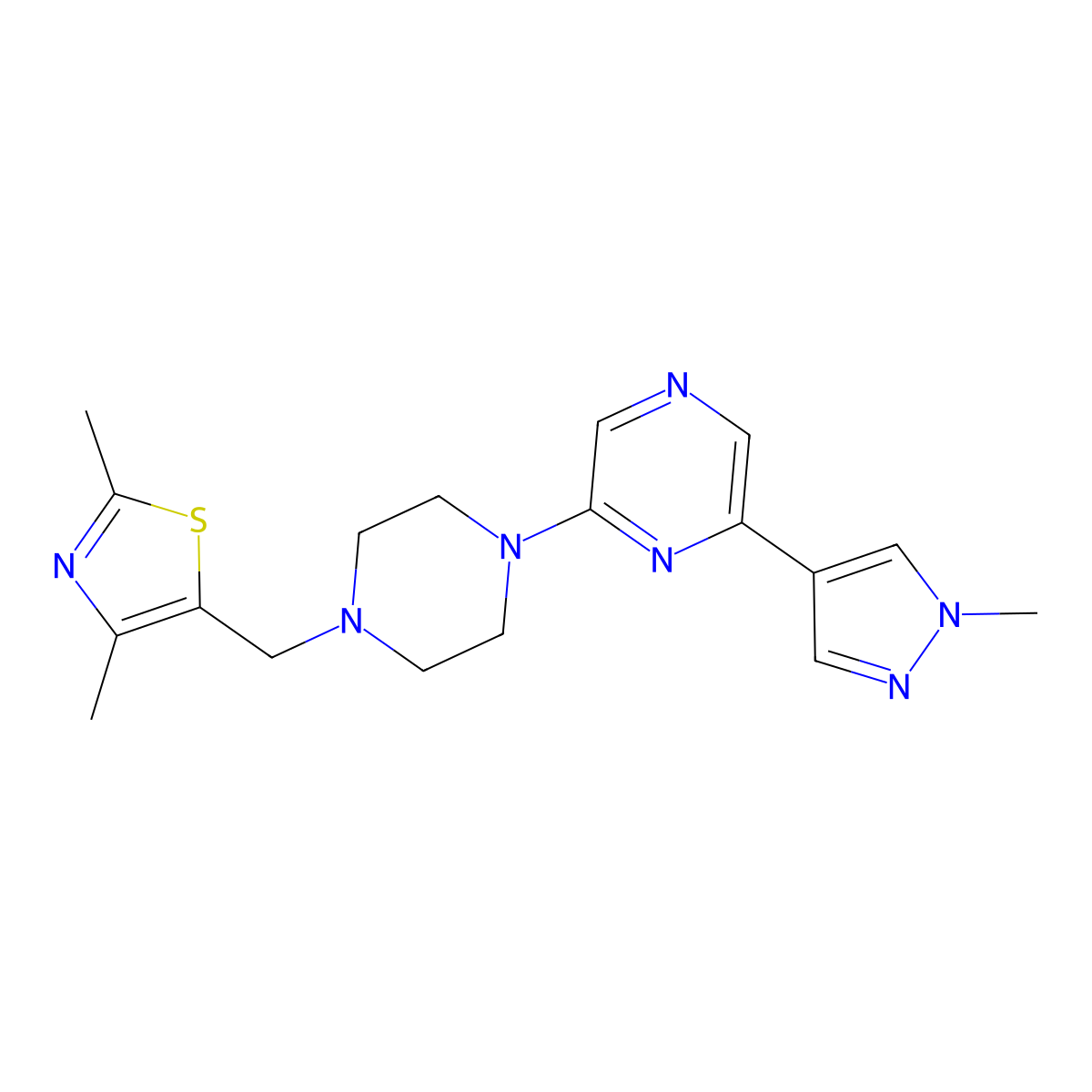2-{4-[(2,4-dimethyl-1,3-thiazol-5-yl)methyl]piperazin-1-yl}-6-(1-methyl-1H-pyrazol-4-yl)pyrazine molecular structure, CAS 2770606-23-8