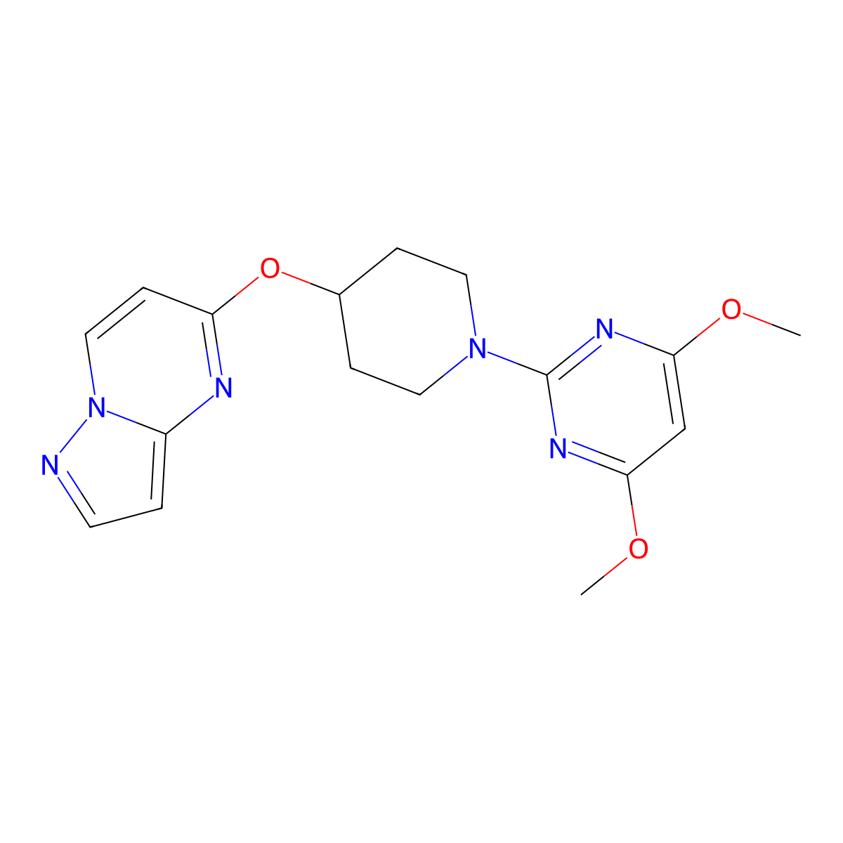 4,6-Dimethoxy-2-(4-{pyrazolo[1,5-a]pyrimidin-5-yloxy}piperidin-1-yl)pyrimidine molecular structure, CAS 2770606-30-7