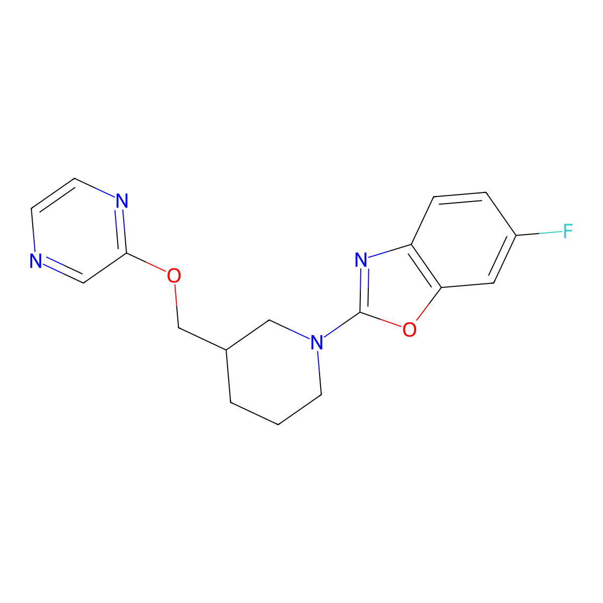 6-Fluoro-2-{3-[(pyrazin-2-yloxy)methyl]piperidin-1-yl}-1,3-benzoxazole molecular structure, CAS 2770606-33-0