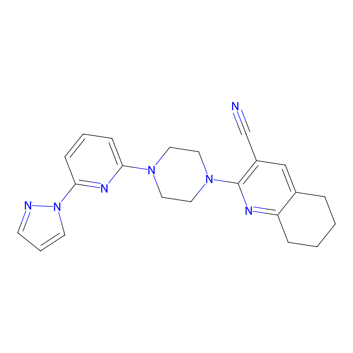 2-{4-[6-(1H-pyrazol-1-yl)pyridin-2-yl]piperazin-1-yl}-5,6,7,8-tetrahydroquinoline-3-carbonitrile molecular structure, CAS 2770606-39-6