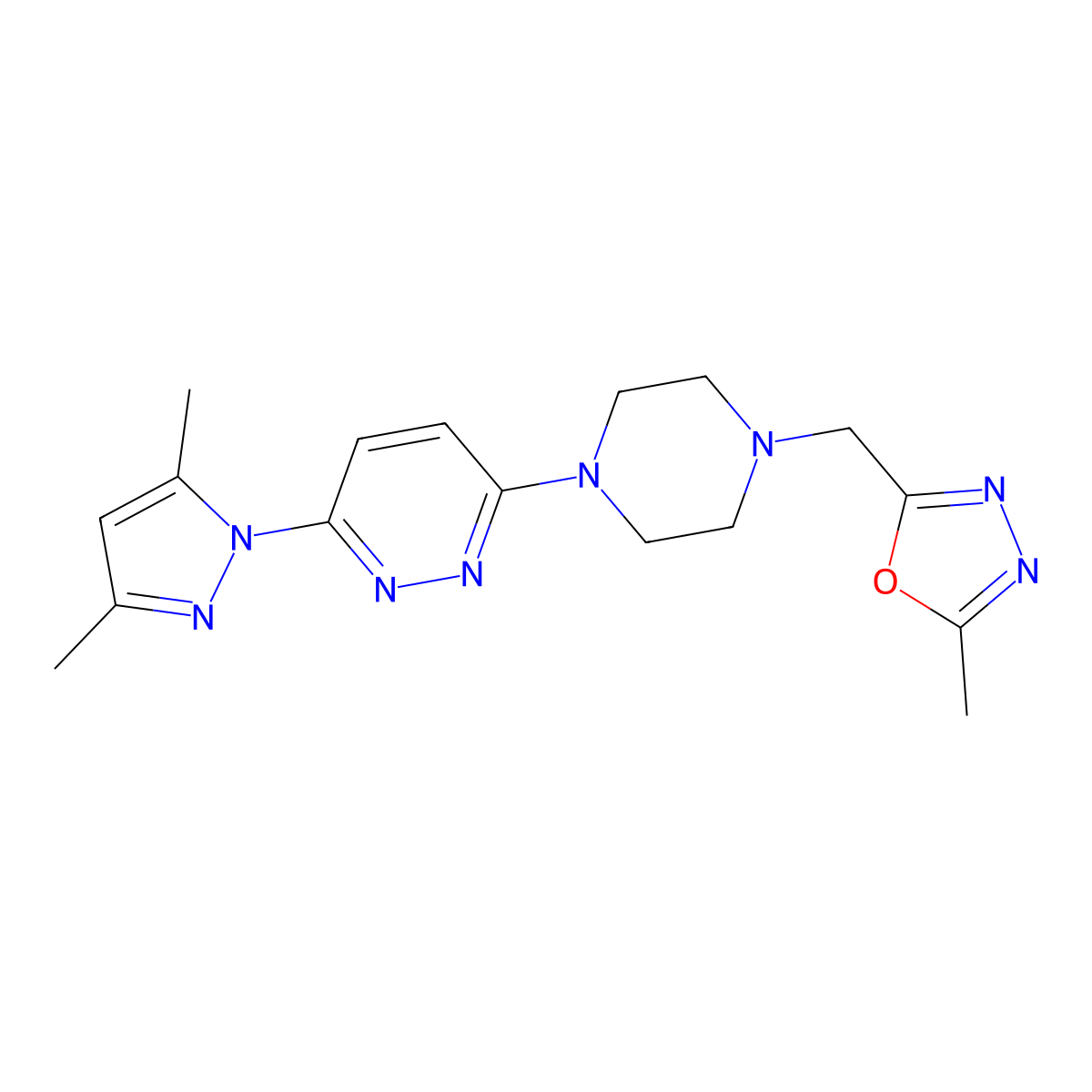 3-(3,5-dimethyl-1H-pyrazol-1-yl)-6-{4-[(5-methyl-1,3,4-oxadiazol-2-yl)methyl]piperazin-1-yl}pyridazine molecular structure, CAS 2770606-43-2