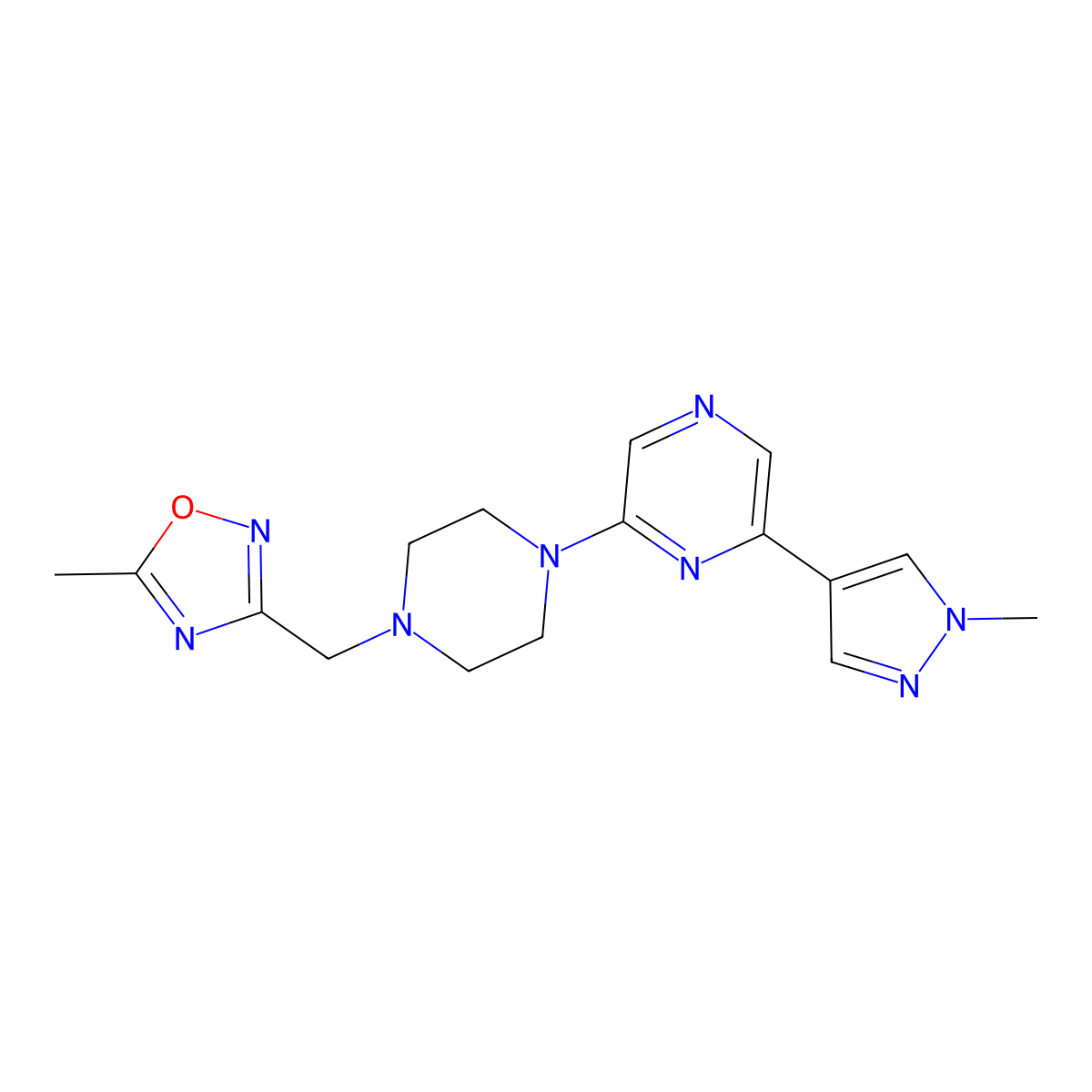 2-{4-[(5-methyl-1,2,4-oxadiazol-3-yl)methyl]piperazin-1-yl}-6-(1-methyl-1H-pyrazol-4-yl)pyrazine molecular structure, CAS 2770606-50-1