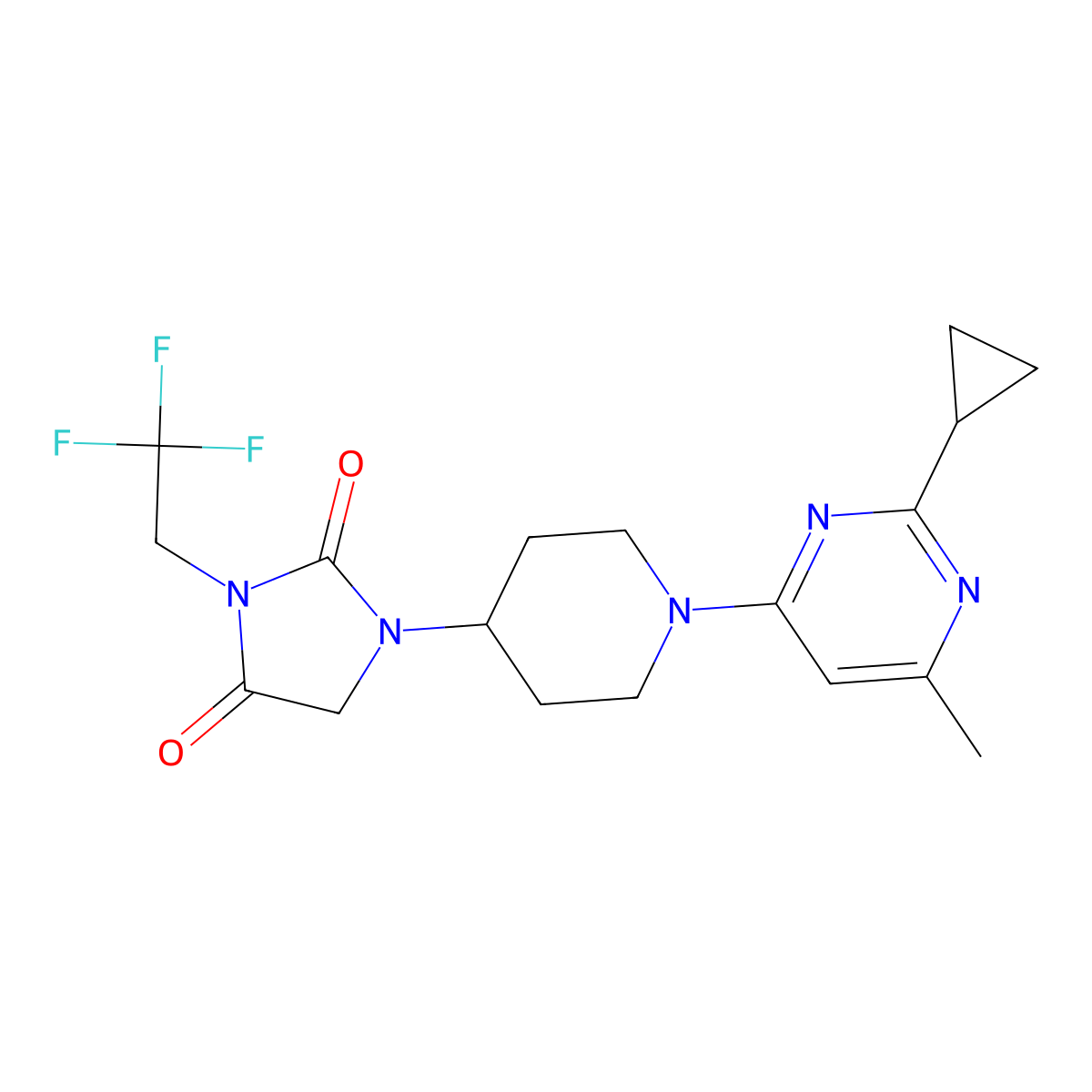 1-[1-(2-Cyclopropyl-6-methylpyrimidin-4-yl)piperidin-4-yl]-3-(2,2,2-trifluoroethyl)imidazolidine-2,4-dione molecular structure, CAS 2770606-58-9