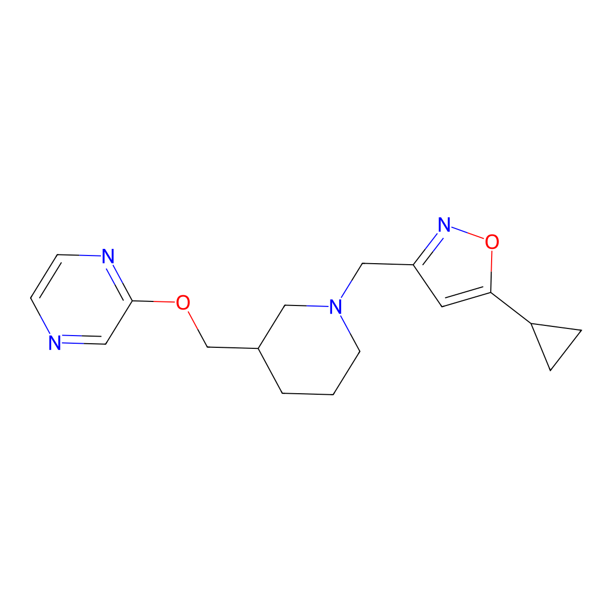 2-({1-[(5-Cyclopropyl-1,2-oxazol-3-yl)methyl]piperidin-3-yl}methoxy)pyrazine molecular structure, CAS 2770606-59-0