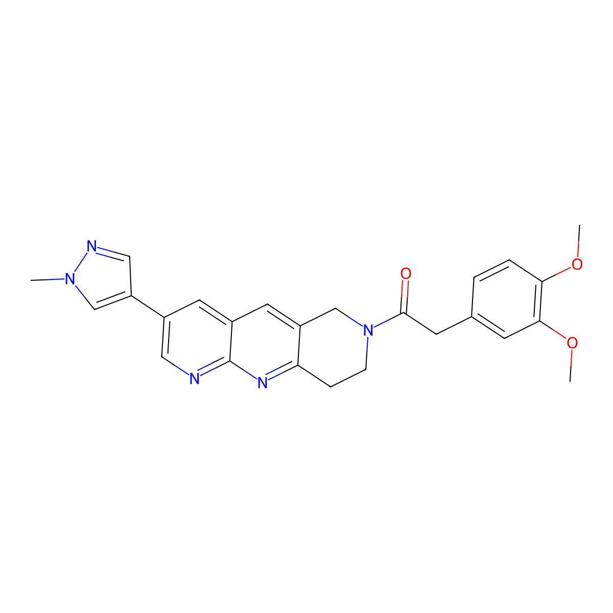2-(3,4-dimethoxyphenyl)-1-[3-(1-methyl-1H-pyrazol-4-yl)-6H,7H,8H,9H-pyrido[2,3-b]1,6-naphthyridin-7-yl]ethan-1-one molecular structure, CAS 2770606-70-5