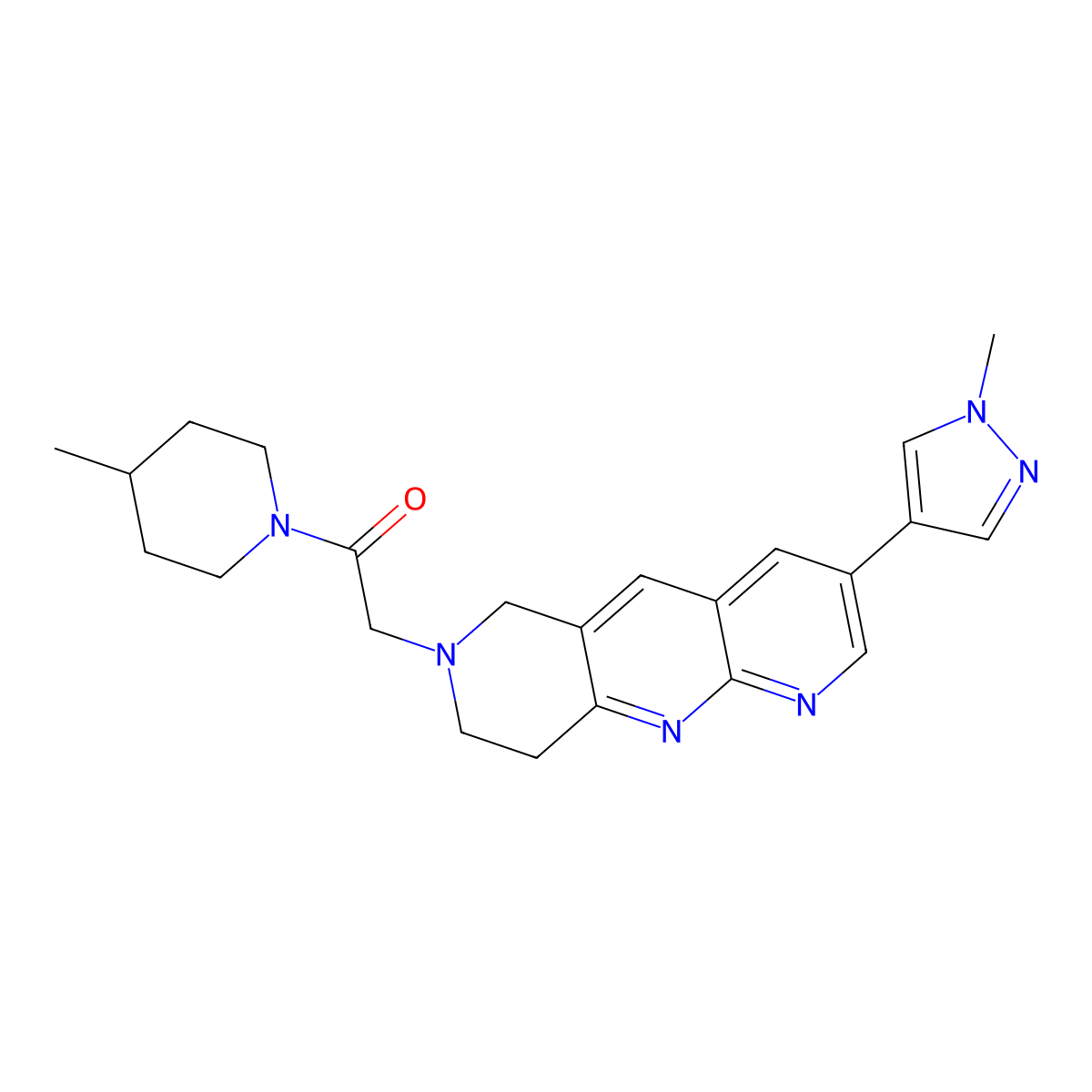 2-[3-(1-methyl-1H-pyrazol-4-yl)-6H,7H,8H,9H-pyrido[2,3-b]1,6-naphthyridin-7-yl]-1-(4-methylpiperidin-1-yl)ethan-1-one molecular structure, CAS 2770606-95-4