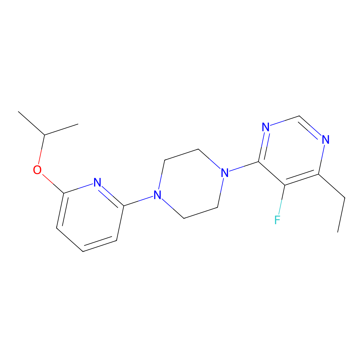 4-Ethyl-5-fluoro-6-{4-[6-(propan-2-yloxy)pyridin-2-yl]piperazin-1-yl}pyrimidine molecular structure, CAS 2770607-02-6