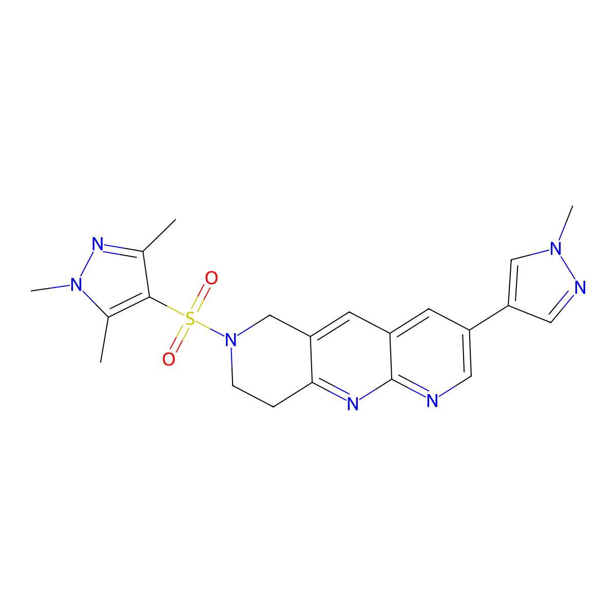 1,3,5-trimethyl-4-{[3-(1-methyl-1H-pyrazol-4-yl)-6H,7H,8H,9H-pyrido[2,3-b]1,6-naphthyridin-7-yl]sulfonyl}-1H-pyrazole molecular structure, CAS 2770607-19-5