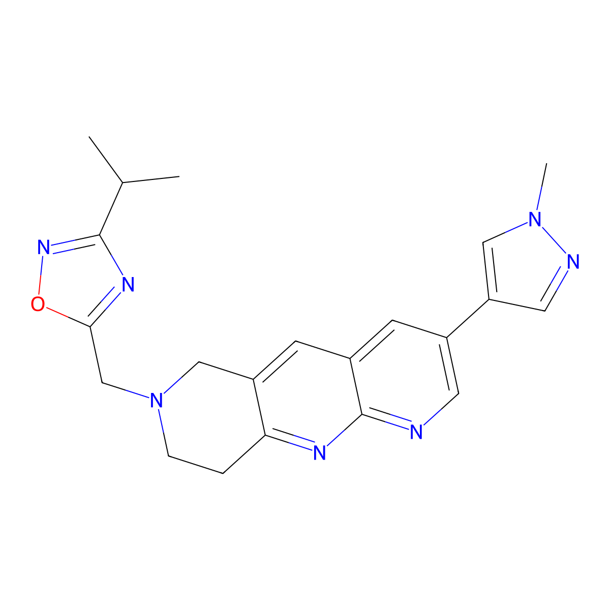 5-{[3-(1-methyl-1H-pyrazol-4-yl)-6H,7H,8H,9H-pyrido[2,3-b]1,6-naphthyridin-7-yl]methyl}-3-(propan-2-yl)-1,2,4-oxadiazole molecular structure, CAS 2770607-20-8