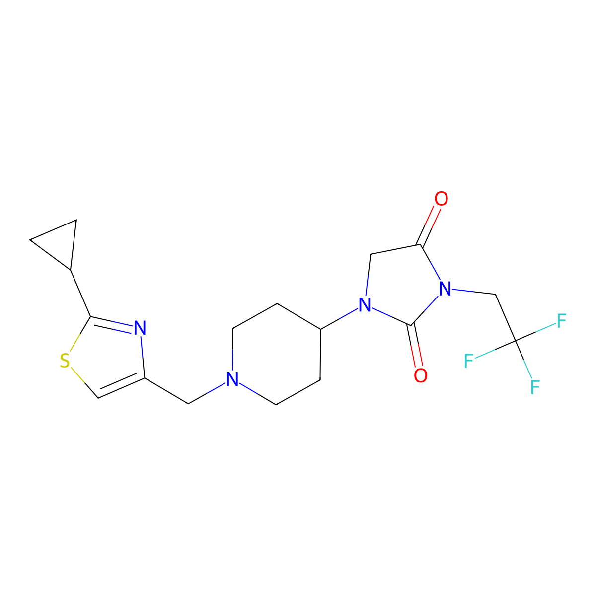 1-{1-[(2-Cyclopropyl-1,3-thiazol-4-yl)methyl]piperidin-4-yl}-3-(2,2,2-trifluoroethyl)imidazolidine-2,4-dione molecular structure, CAS 2770607-21-9