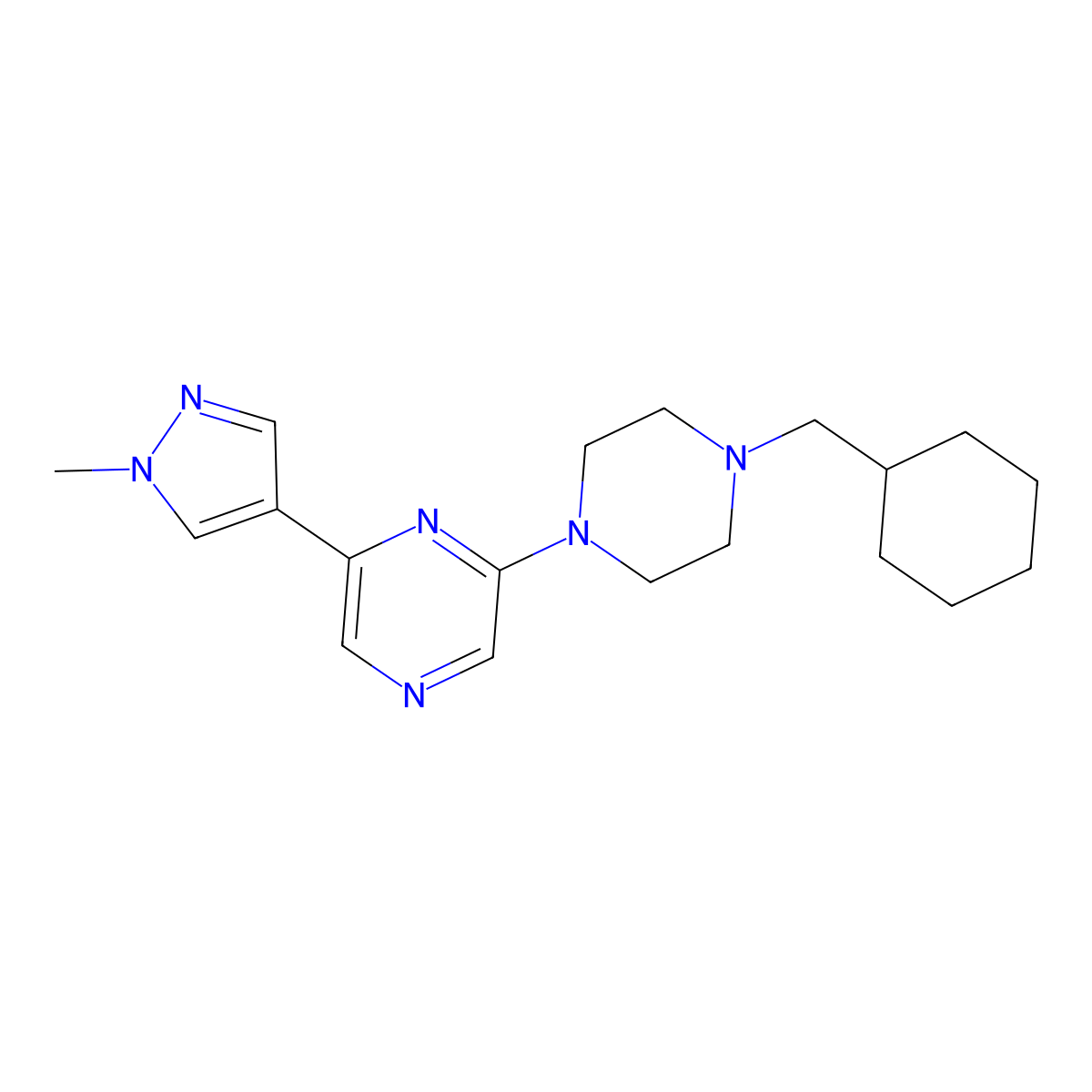 2-[4-(cyclohexylmethyl)piperazin-1-yl]-6-(1-methyl-1H-pyrazol-4-yl)pyrazine molecular structure, CAS 2770607-24-2