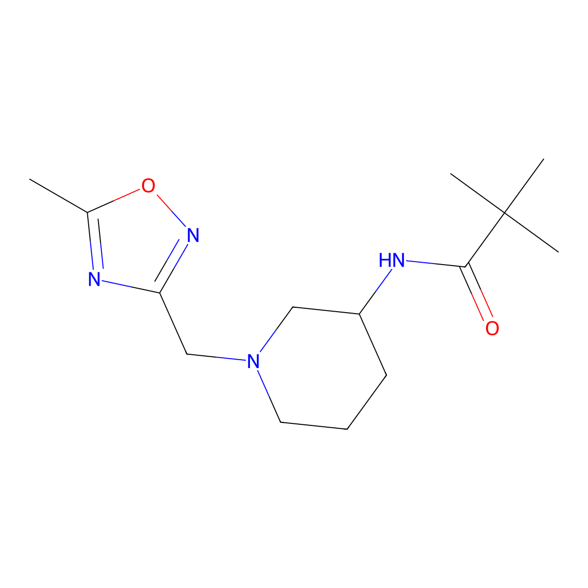 2,2-dimethyl-N-{1-[(5-methyl-1,2,4-oxadiazol-3-yl)methyl]piperidin-3-yl}propanamide molecular structure, CAS 2770607-25-3
