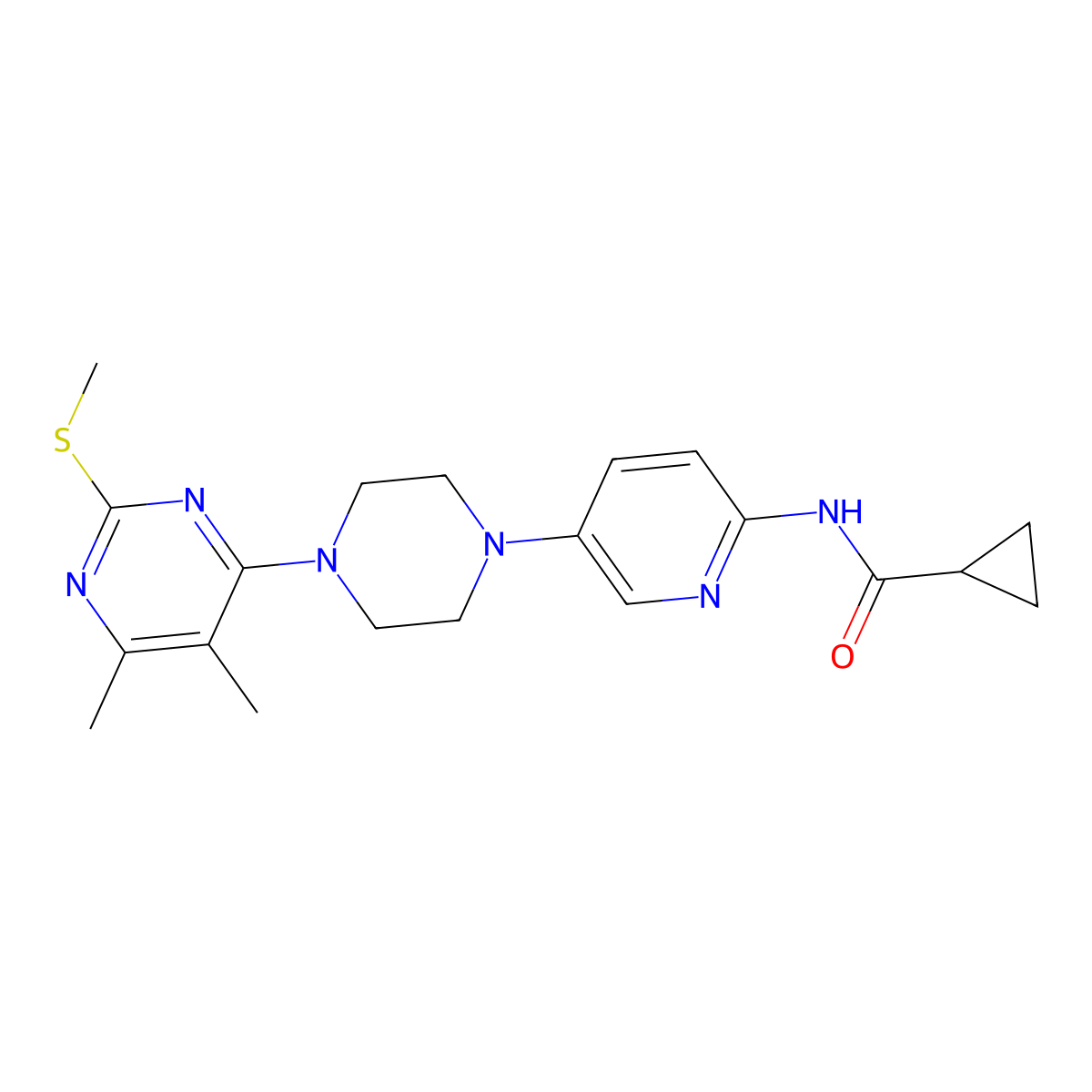 N-(5-{4-[5,6-dimethyl-2-(methylsulfanyl)pyrimidin-4-yl]piperazin-1-yl}pyridin-2-yl)cyclopropanecarboxamide molecular structure, CAS 2770607-31-1