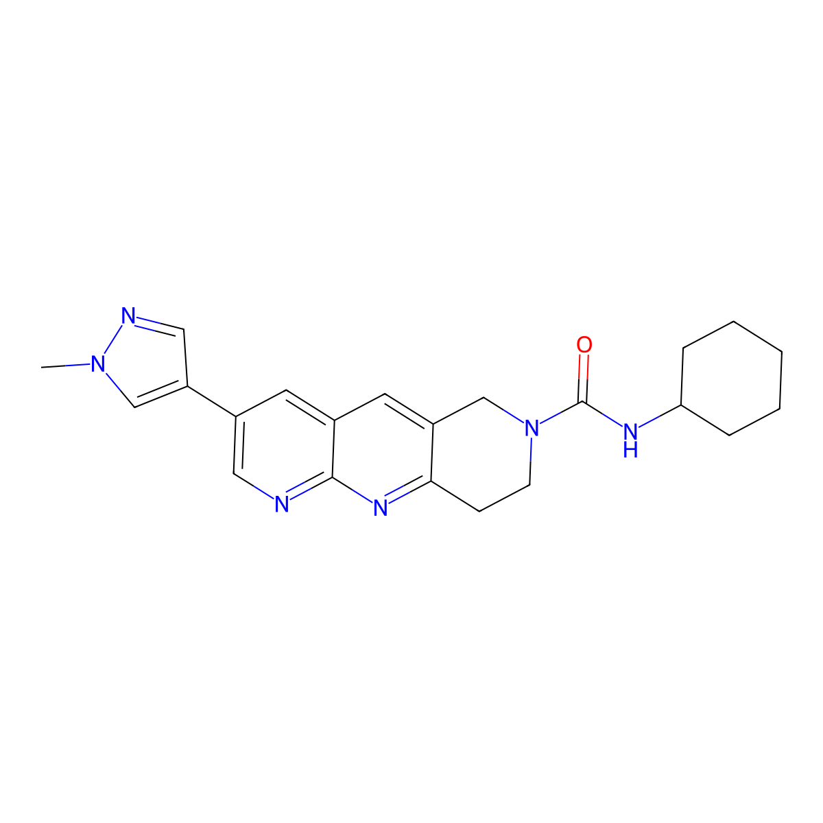 N-cyclohexyl-3-(1-methyl-1H-pyrazol-4-yl)-6H,7H,8H,9H-pyrido[2,3-b]1,6-naphthyridine-7-carboxamide molecular structure, CAS 2770607-32-2