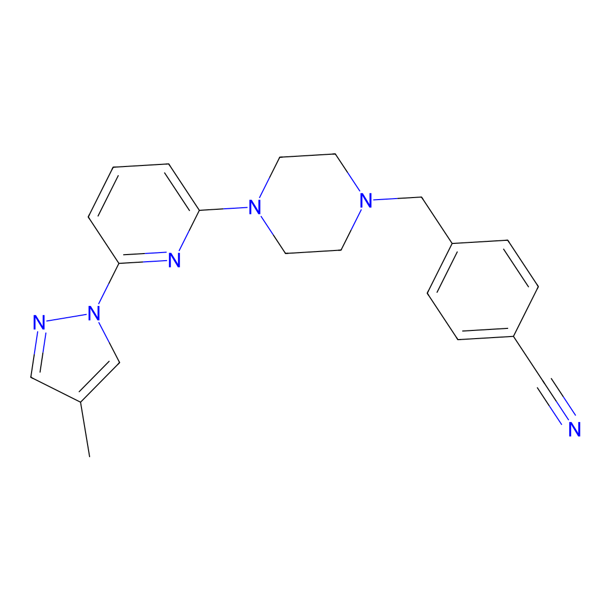 4-({4-[6-(4-methyl-1H-pyrazol-1-yl)pyridin-2-yl]piperazin-1-yl}methyl)benzonitrile molecular structure, CAS 2770607-37-7