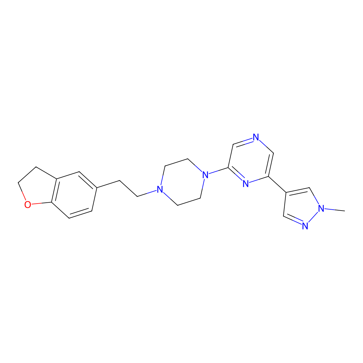 2-{4-[2-(2,3-dihydro-1-benzofuran-5-yl)ethyl]piperazin-1-yl}-6-(1-methyl-1H-pyrazol-4-yl)pyrazine molecular structure, CAS 2770607-38-8