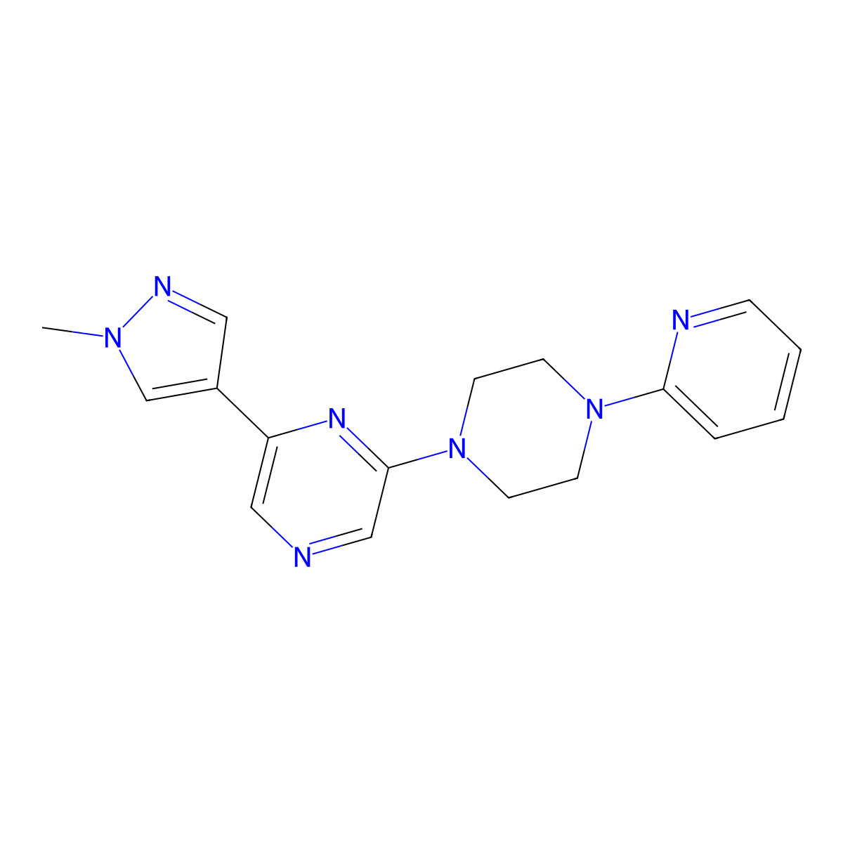 2-(1-methyl-1H-pyrazol-4-yl)-6-[4-(pyridin-2-yl)piperazin-1-yl]pyrazine molecular structure, CAS 2770607-46-8