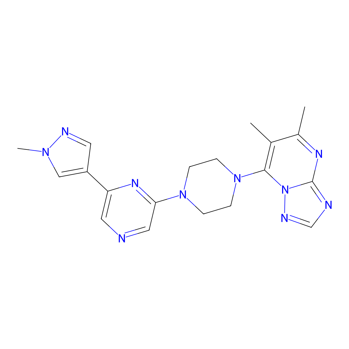 2-(4-{5,6-dimethyl-[1,2,4]triazolo[1,5-a]pyrimidin-7-yl}piperazin-1-yl)-6-(1-methyl-1H-pyrazol-4-yl)pyrazine molecular structure, CAS 2770607-54-8