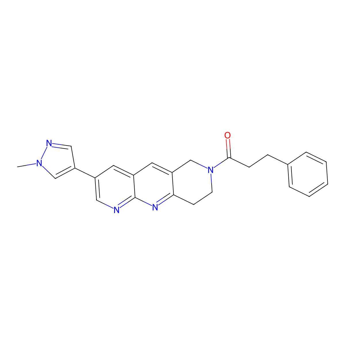 1-[3-(1-methyl-1H-pyrazol-4-yl)-6H,7H,8H,9H-pyrido[2,3-b]1,6-naphthyridin-7-yl]-3-phenylpropan-1-one molecular structure, CAS 2770607-55-9