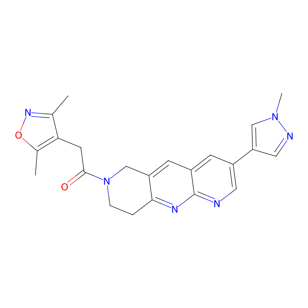 2-(3,5-dimethyl-1,2-oxazol-4-yl)-1-[3-(1-methyl-1H-pyrazol-4-yl)-6H,7H,8H,9H-pyrido[2,3-b]1,6-naphthyridin-7-yl]ethan-1-one molecular structure, CAS 2770607-64-0
