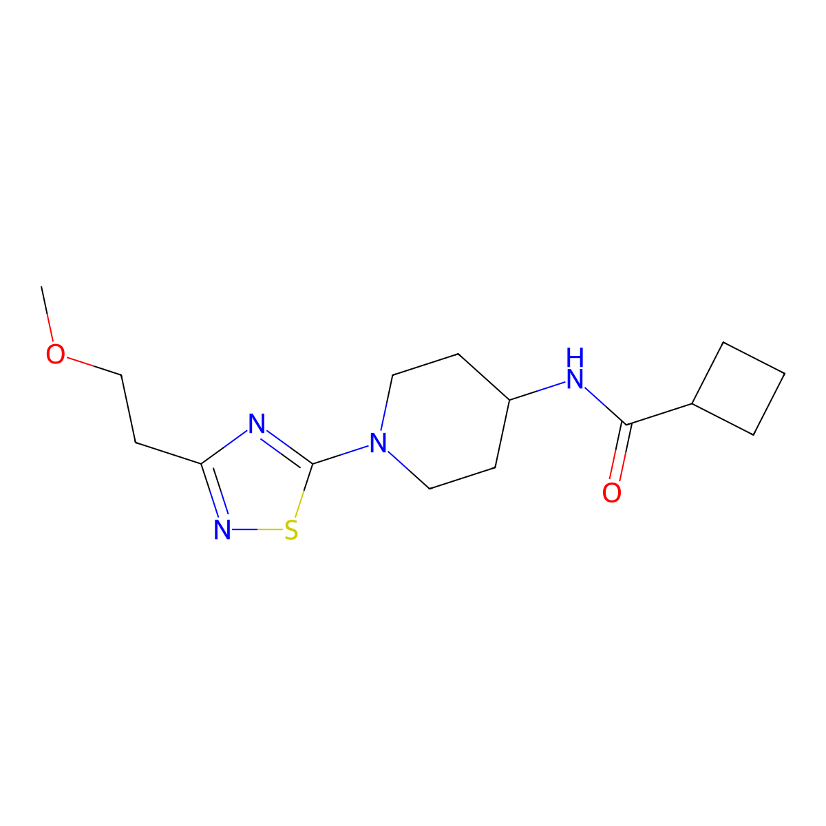 N-{1-[3-(2-methoxyethyl)-1,2,4-thiadiazol-5-yl]piperidin-4-yl}cyclobutanecarboxamide molecular structure, CAS 2770607-80-0