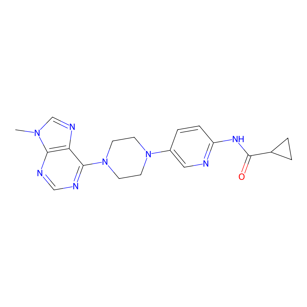 N-{5-[4-(9-methyl-9H-purin-6-yl)piperazin-1-yl]pyridin-2-yl}cyclopropanecarboxamide molecular structure, CAS 2770607-81-1