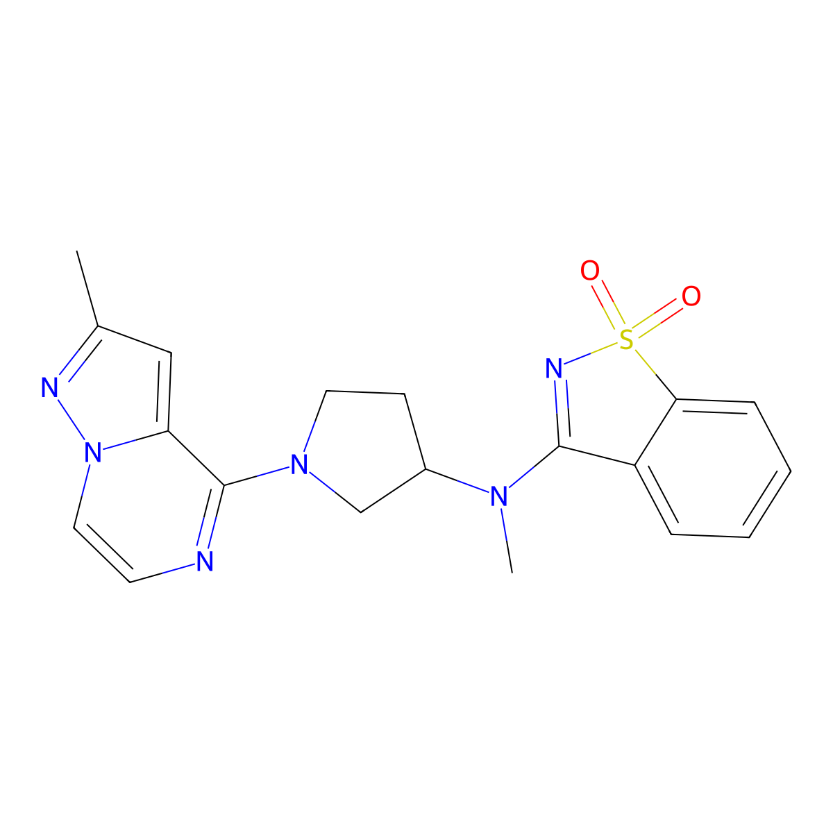 N-methyl-N-[1-(2-methylpyrazolo[1,5-a]pyrazin-4-yl)pyrrolidin-3-yl]-1,1-dioxo-1,2-benzothiazol-3-amine molecular structure, CAS 2770607-87-7