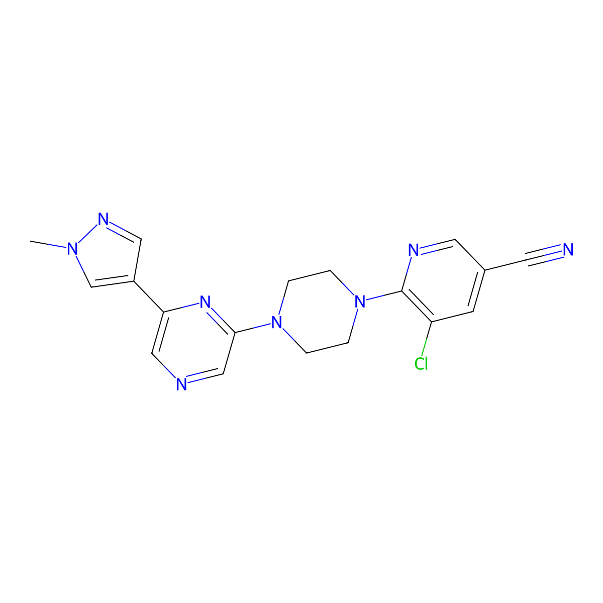 5-chloro-6-{4-[6-(1-methyl-1H-pyrazol-4-yl)pyrazin-2-yl]piperazin-1-yl}pyridine-3-carbonitrile molecular structure, CAS 2770607-96-8