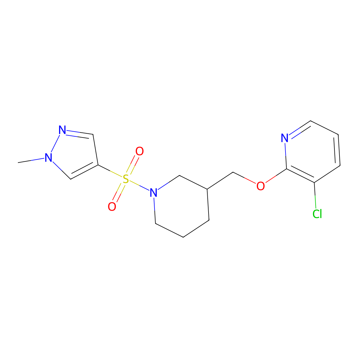 3-chloro-2-({1-[(1-methyl-1H-pyrazol-4-yl)sulfonyl]piperidin-3-yl}methoxy)pyridine molecular structure, CAS 2770608-10-9